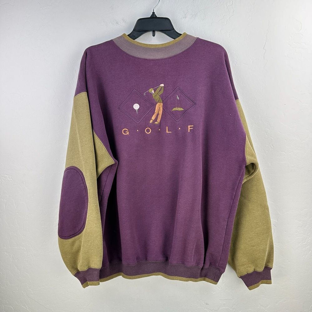 Vtg Golf Embroidered Sweatshirt Mens L Purple Winona Elbow Patch 90s‎ Crewneck